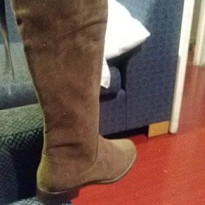 Suede wide calf lace up thigh High olive boot